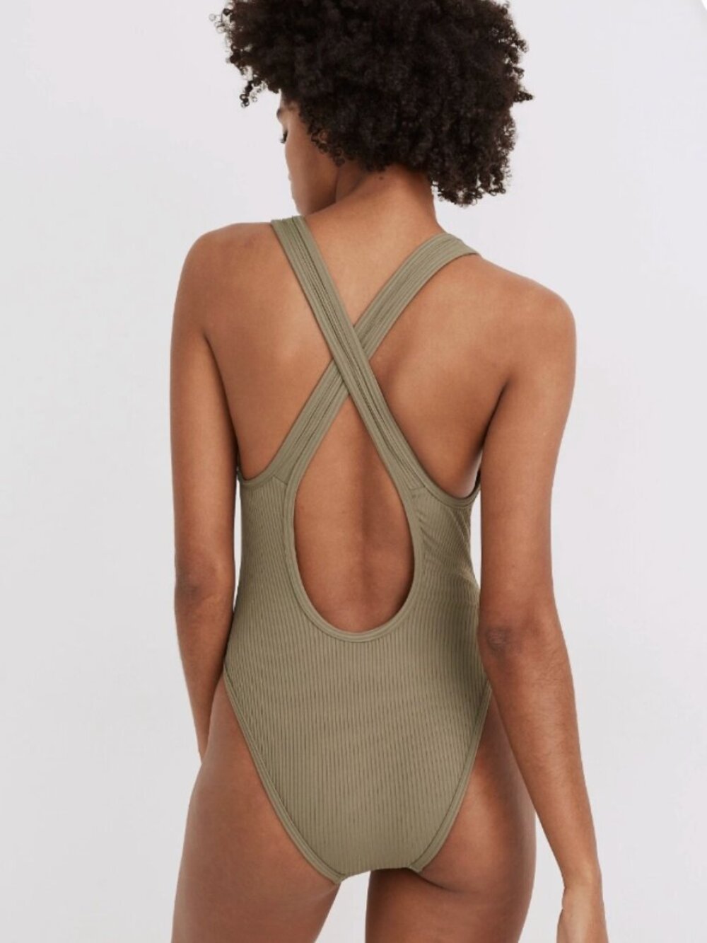 Madewell Women's Second Wave Racerback Rib One-Piece Swimsuit Green Ribbed Sz M - Picture 2 of 7